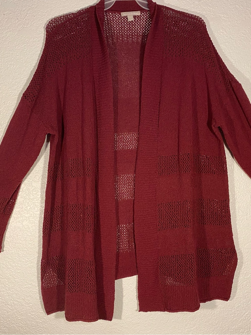 Woman Within Open-Front Burgundy Knit Cardigan
